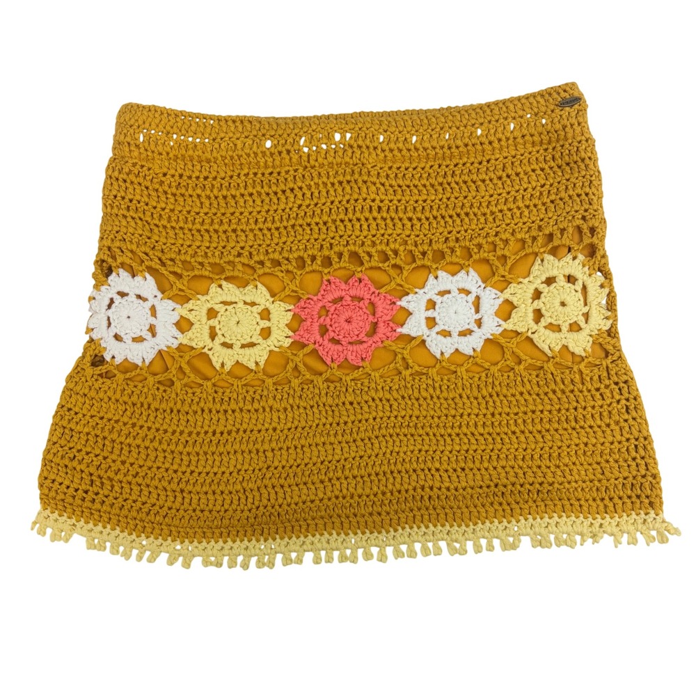 Mora Mustard Yellow Crochet Floral Medallion Fringe Mini Skirt One Size Boho - Picture 1 of 8